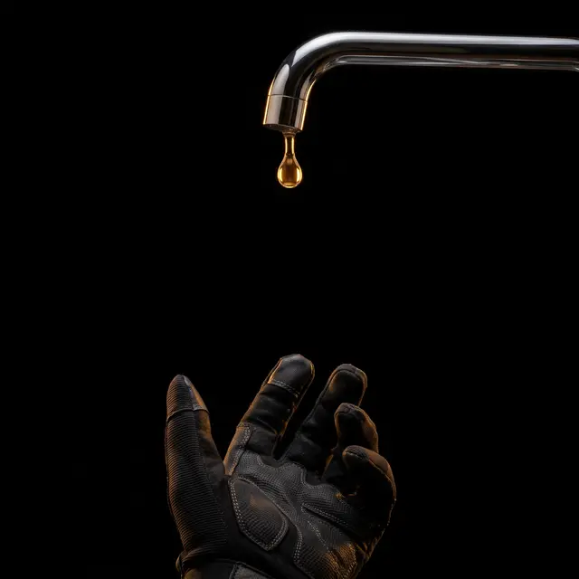 Druppel valt uit een kraan boven een hand in een werkhandschoen